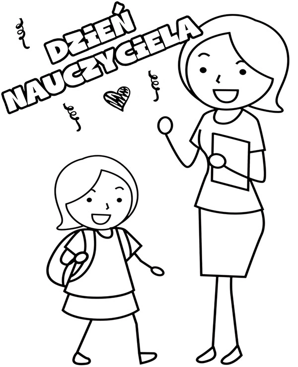 Kolorowanka dziewczynka uśmiechem wita swoją nauczycielkę